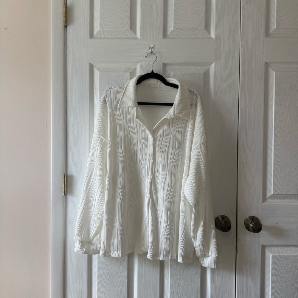 White Pleated Button-Front Women's Blouse
